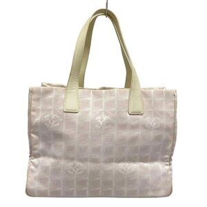 Auth CHANEL New Travel Line Tote MM A15991 Pink Nylon Jacquard Leather Tote Bag